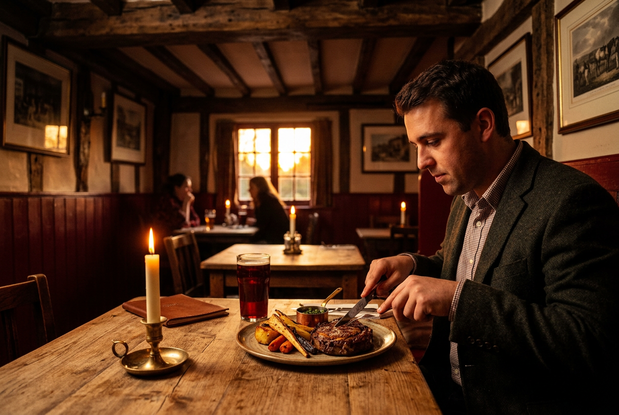 Cosy British gastropub with a candlelit steak dinner at golden hour